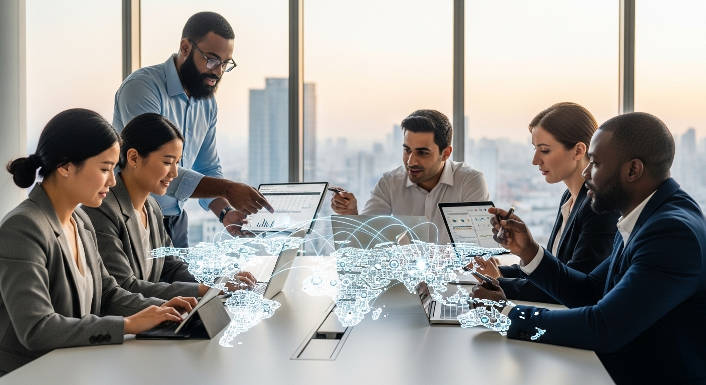 A diverse team of expat business owners from different continents collaborating seamlessly on their laptops and tablets, with a world map hologram projected in the center, showing data points connecting various countries. The scene is bright, modern, and conveys global connectivity and efficiency. Photorealistic.