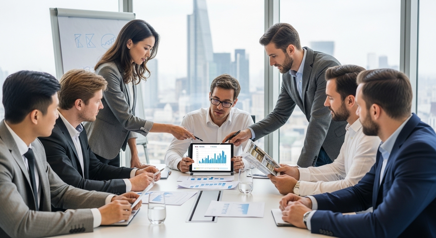 A diverse group of expat professionals from different cultural backgrounds are gathered around a large, modern meeting table in a high-rise office with panoramic views of the London skyline. They are intensely discussing UK property investment strategies, with one person pointing at a detailed financial chart on a tablet while others review property brochures. The atmosphere is collaborative and serious, conveying a sense of international financial planning and strategic decision-making in a sophisticated setting.