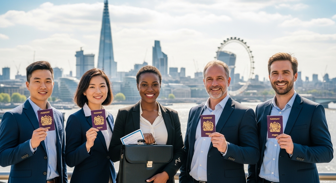 A diverse group of smiling expats from various backgrounds (Asian, African, European, American) standing together in front of the iconic London skyline, holding British passports and looking confident, with a subtle legal document or briefcase element integrated into one of their hands. The image should convey success and relief, with a bright, optimistic tone, photorealistic.