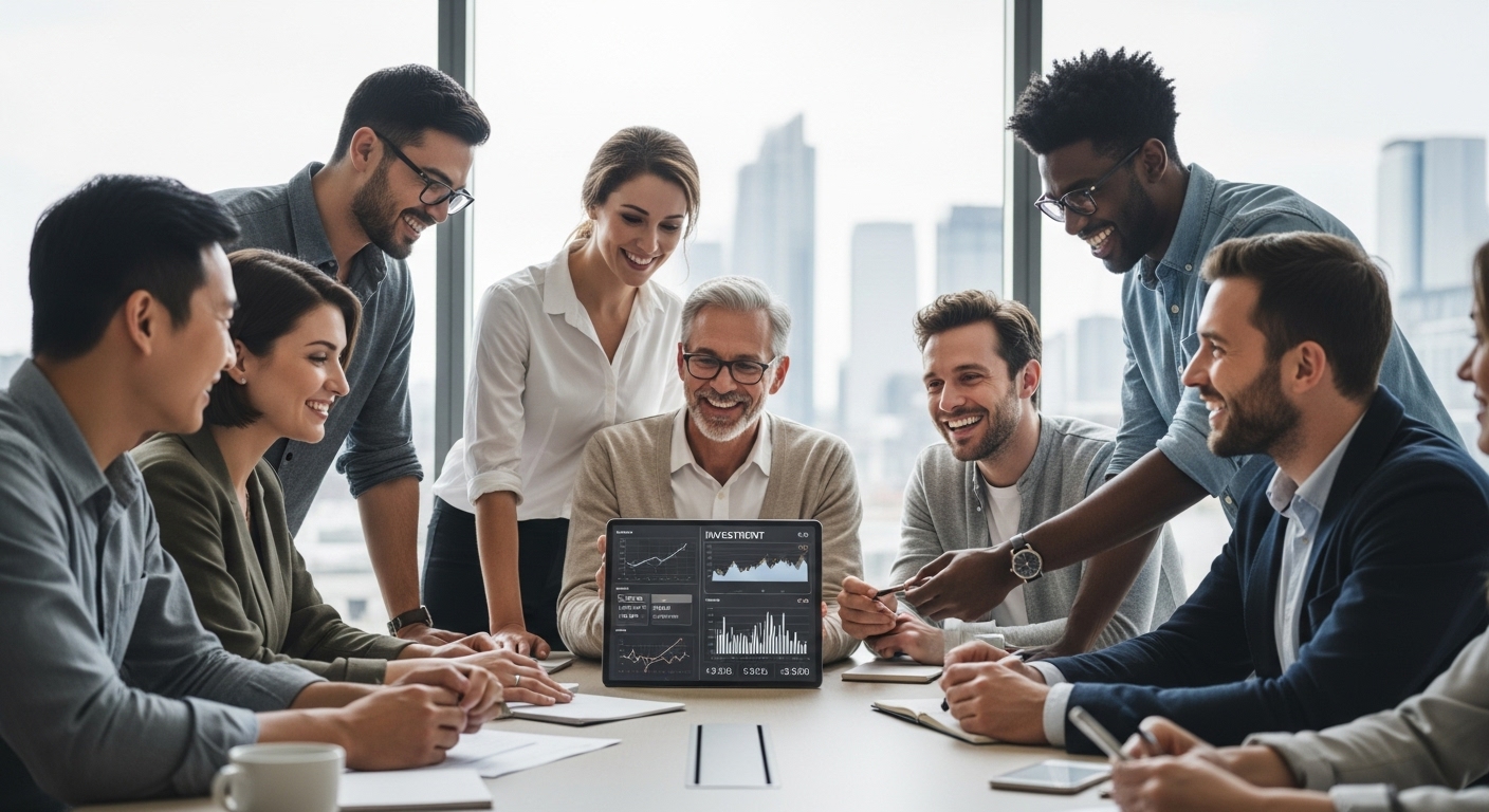 A diverse group of expat entrepreneurs, a mix of men and women of various ethnic backgrounds, smiling and collaborating around a modern conference table in a sunlit co-working space in London, looking at a digital tablet displaying financial graphs and investment figures. The scene is energetic and professional, with a cityscape visible through large windows in the background, conveying success and innovation.