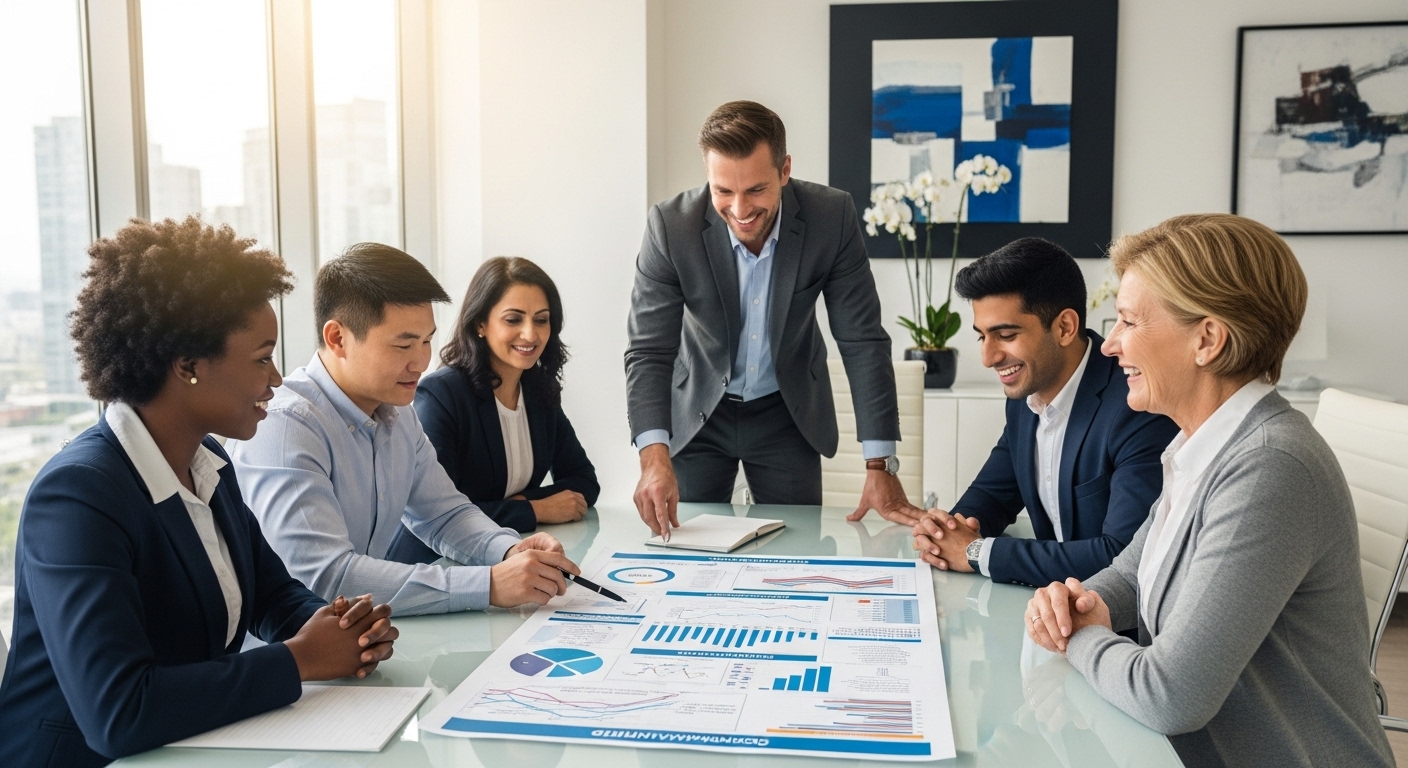 A diverse group of people, representing expats from different backgrounds, looking confidently at a detailed and clear financial roadmap spread out on a modern glass table, while a professional, friendly financial advisor points to a key section, all within a bright, contemporary office setting. The mood is optimistic and secure.