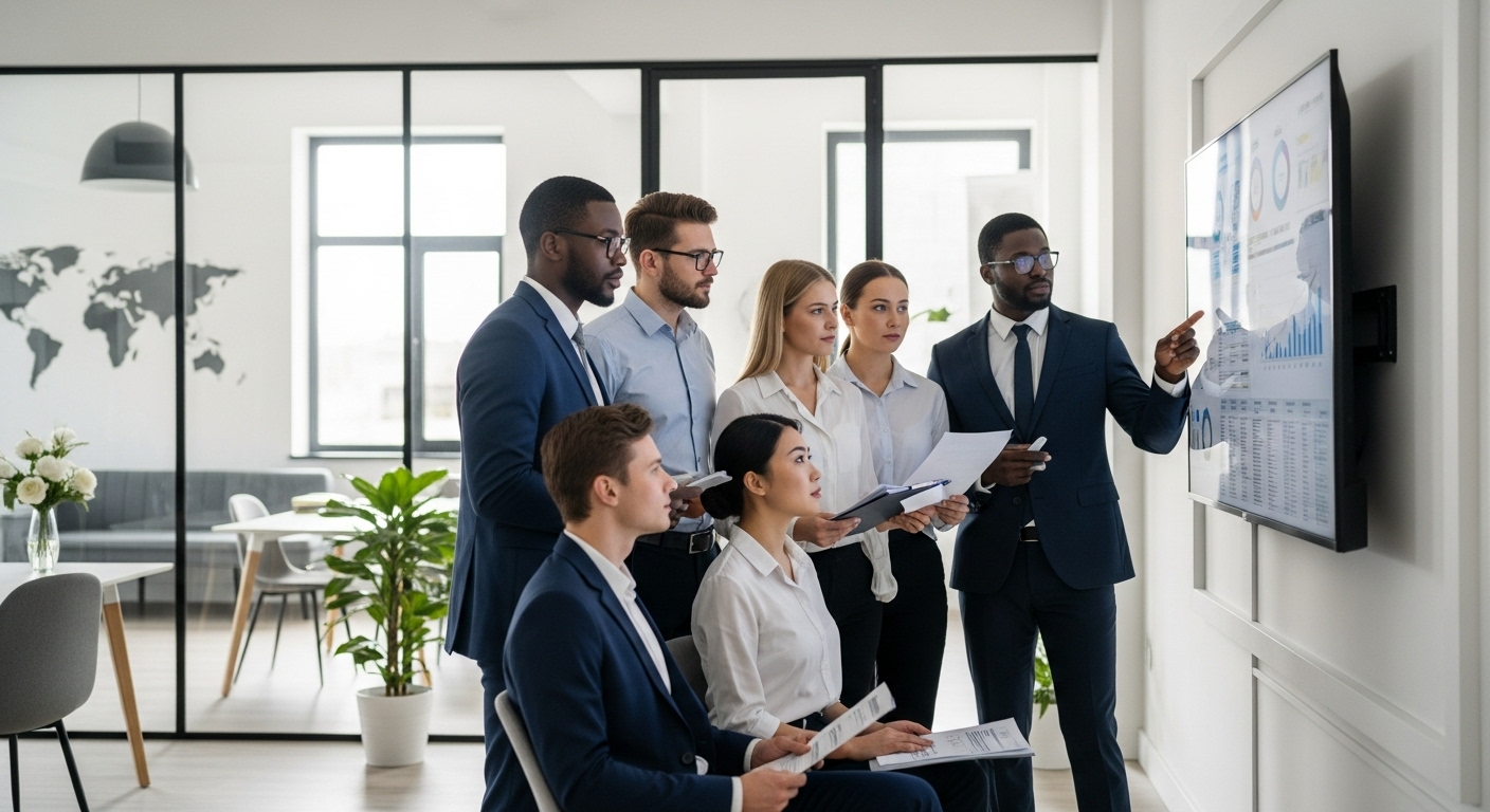 A professional, diverse group of accountants in a modern, brightly lit office, looking at financial documents on a large screen, with world maps subtly in the background, conveying global expertise and collaboration.