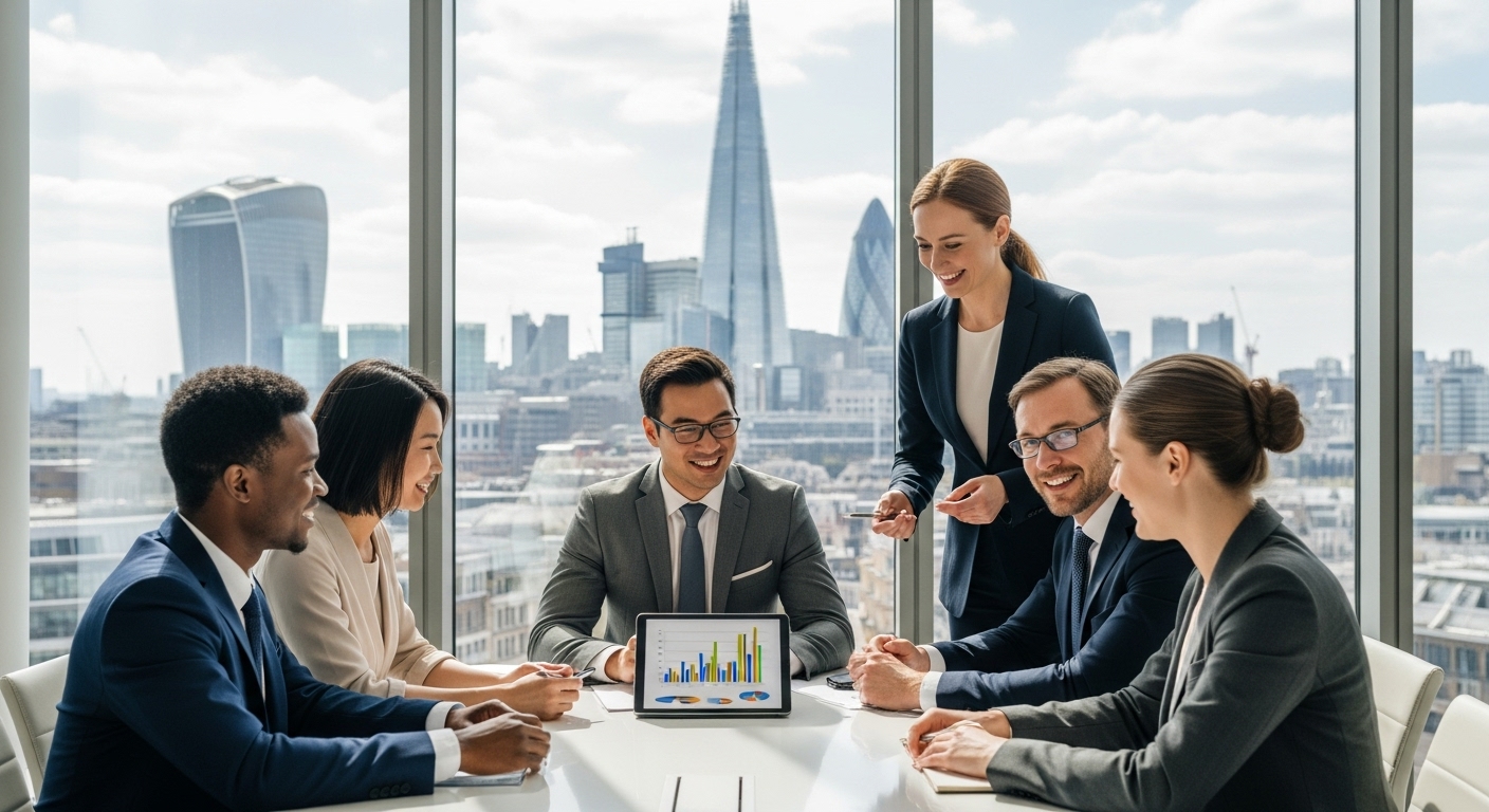A diverse group of expat professionals from different ethnic backgrounds, smartly dressed, smiling and confidently discussing investment strategies in a modern, sunlit London office with city skyline views in the background. They are looking at a tablet displaying financial charts.