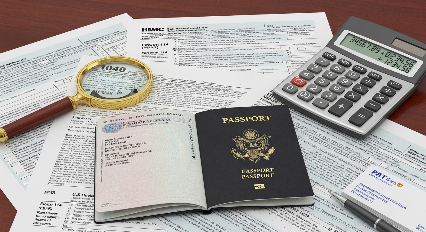 A detailed photorealistic image of a US passport and a UK passport lying open on a mahogany desk, with complex tax forms from both countries scattered around them. A magnifying glass hovers over a section of the US tax code, and a calculator is nearby, conveying the intricate and challenging nature of international taxation for an expat.