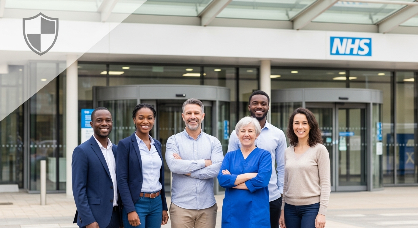 A diverse group of smiling expats, looking confident and healthy, standing in front of a modern, clean UK hospital entrance, with a subtle overlay of a shield icon symbolizing protection. The scene is bright and optimistic, conveying a sense of security and well-being.