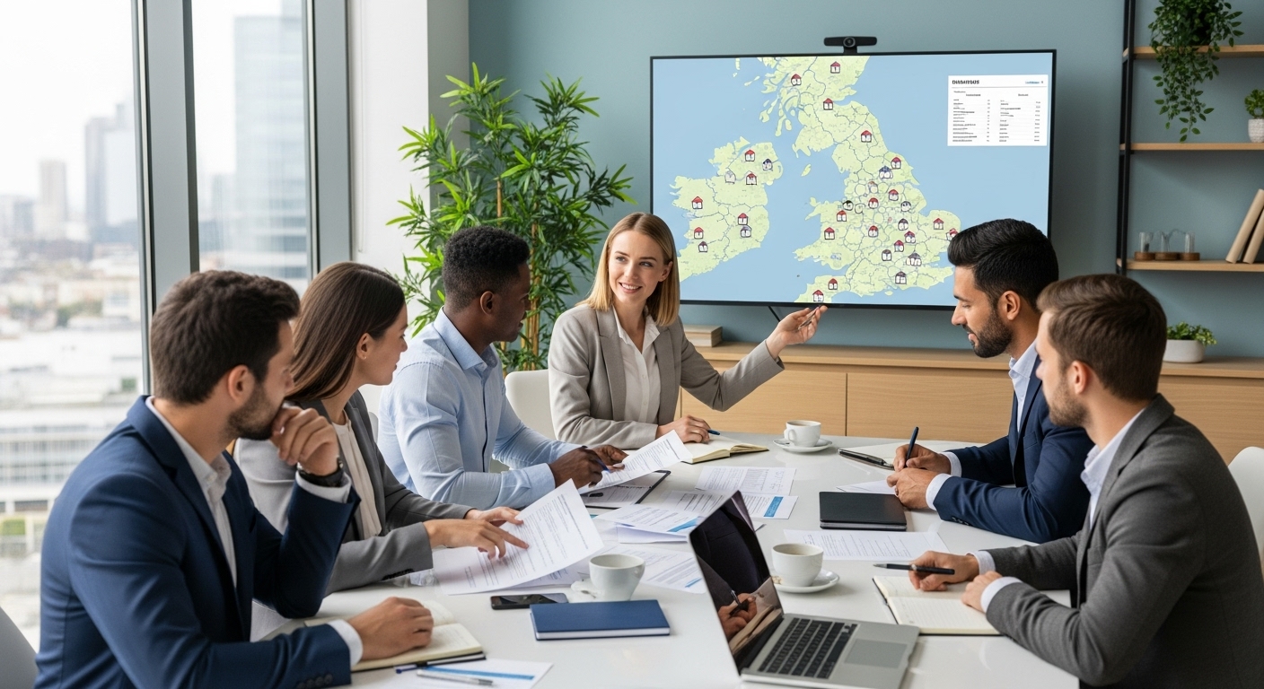A diverse group of people, appearing professional and thoughtful, sitting around a modern conference table with a friendly financial advisor. They are reviewing mortgage documents and a digital presentation showing a map of the UK with property icons. The setting is bright, professional, and conveys a sense of collaboration and trusted expertise in financial planning for expats.